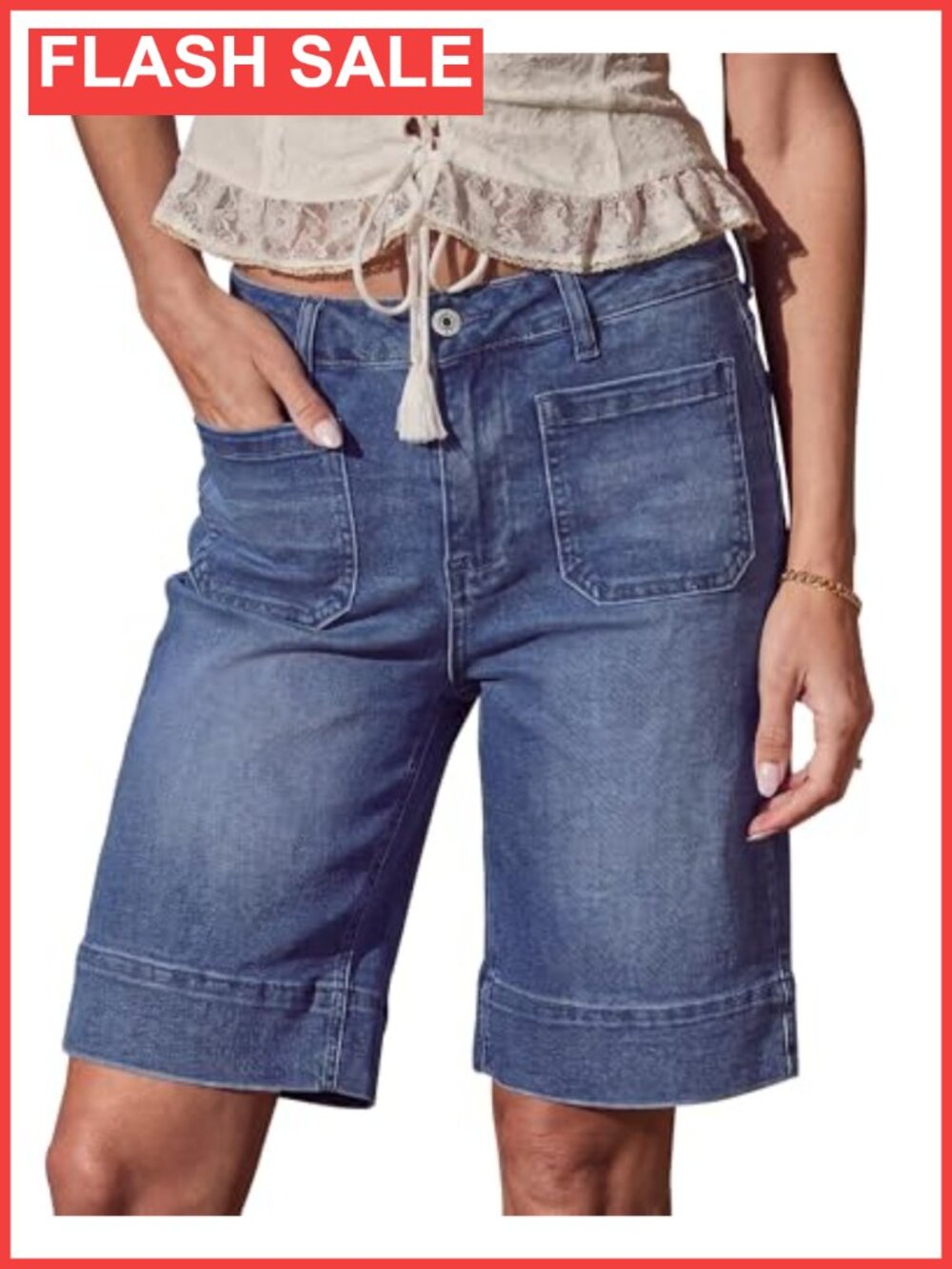 High Waist Bermuda Jean Shorts Stretchy Cotton Blend 10 Inseam